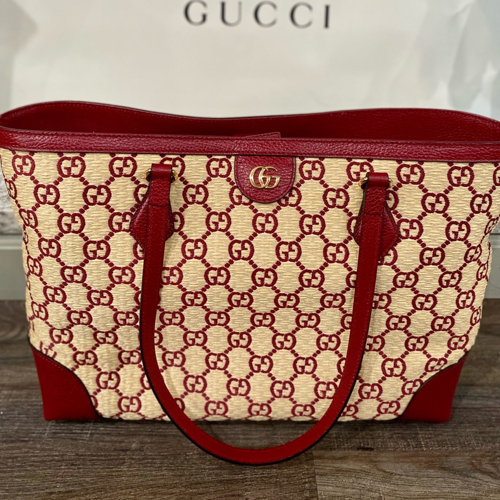 ⭐️SOLD ⭐️New Red Gucci GG Raffia Medium Ophidia Tote - Picture 7 of 11